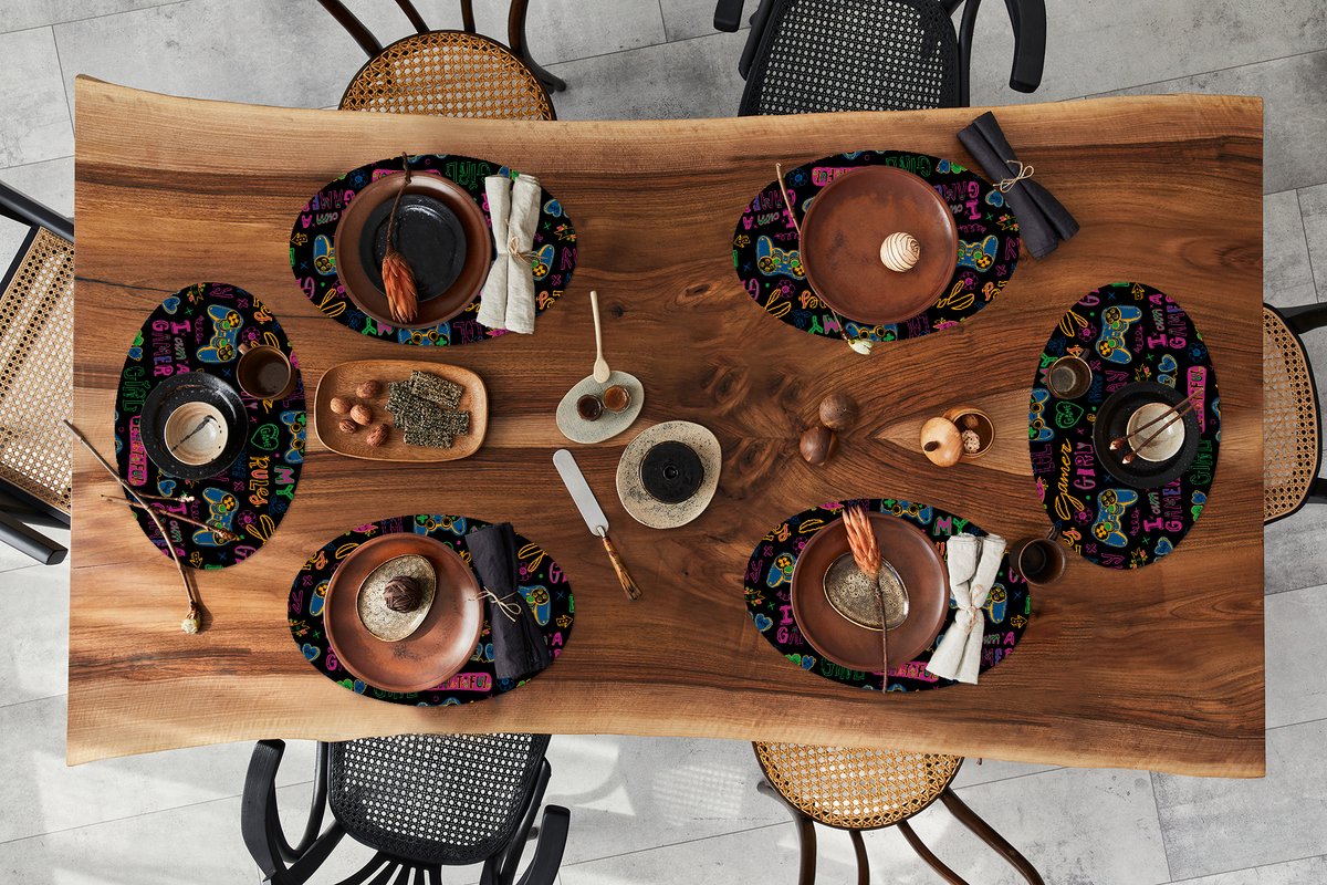 Placemats ovaal - Onderleggers - Ovale placemats - Pubers - Gaming - Koptelefoon - Patronen - 6 stuks