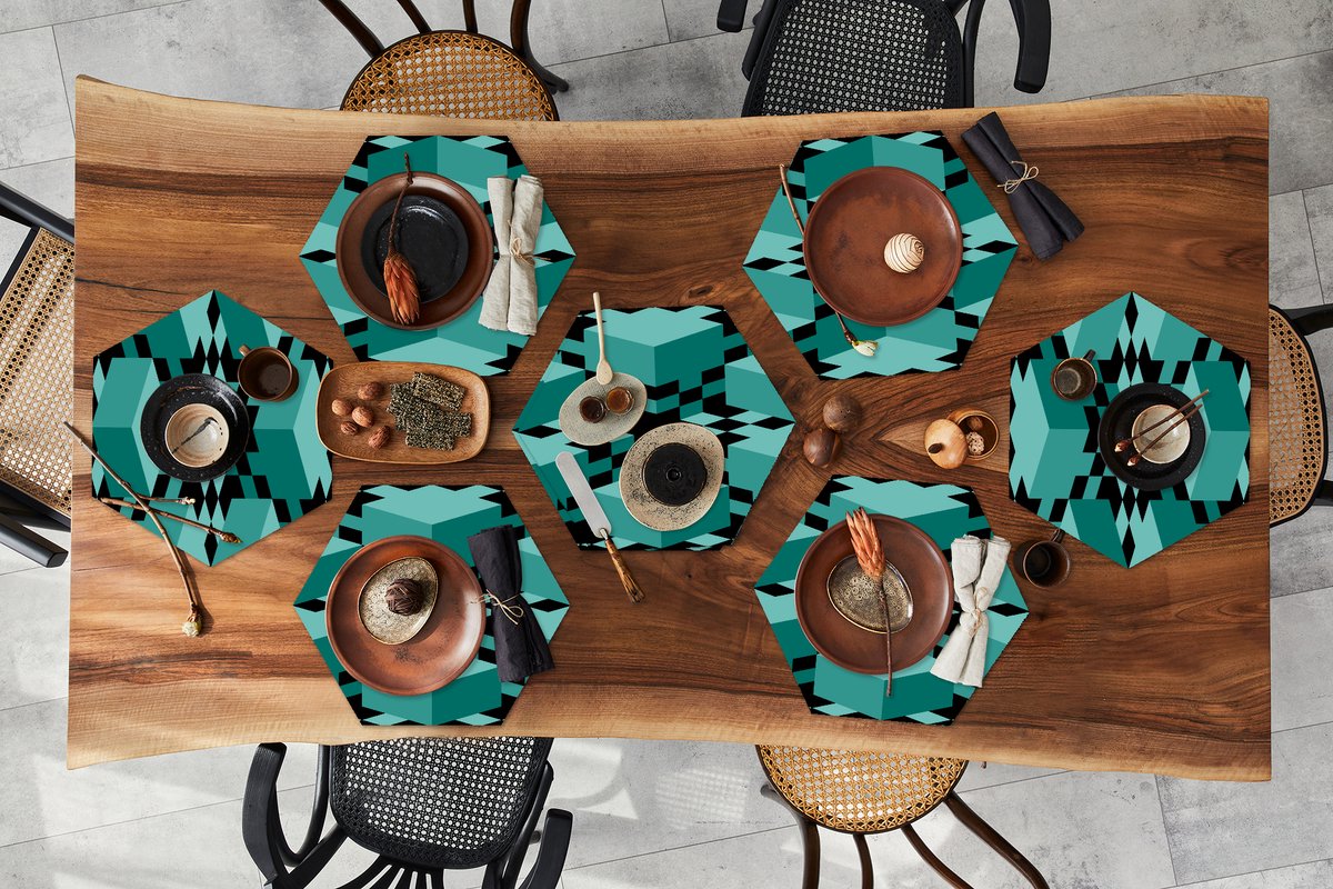 Placemats hexagon - Onderleggers placemats - Placemat zeshoek - 3D - Blokken - Patronen - 8 stuks