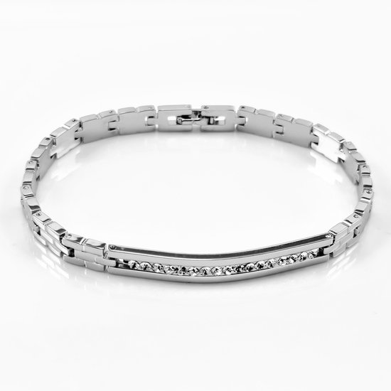 Zilverkleurige schakelarmband met een rij kristallen in het midden.
