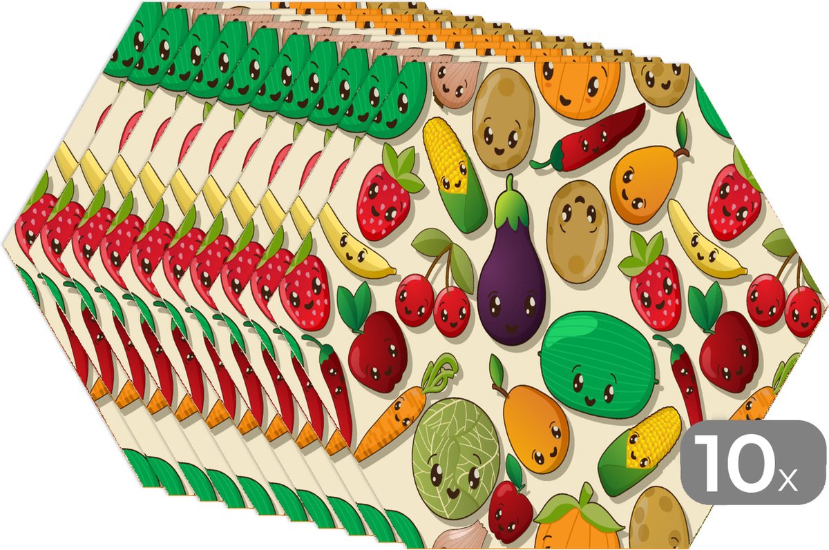 Placemats hexagon - Onderleggers placemats - Placemat zeshoek - Kawaii - Patronen - Groente - Fruit - 10 stuks