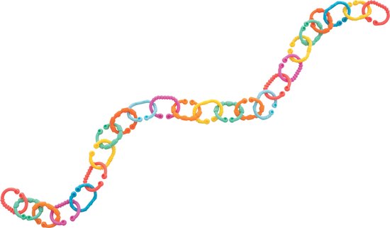 Een lange, golvende ketting van kleurrijke Playgro koppelringen in roze, geel, groen, oranje en blauw op een witte achtergrond.