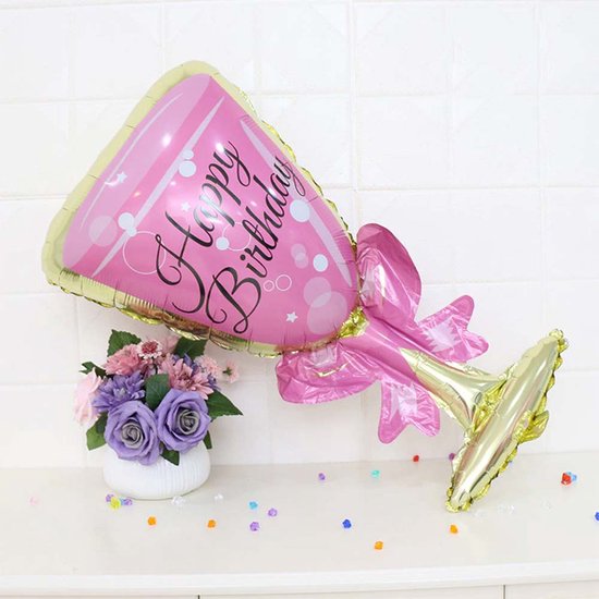 DW4Trading Folieballon Happy Birthday Glas - Feesten en Partijen - 45x87 cm - Roze