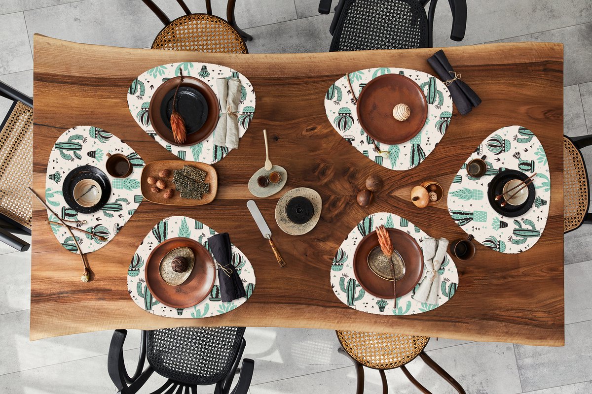 Placemat organisch - Placemats organic - Onderleggers - Patroon - Cactus - Pot - 6 stuks