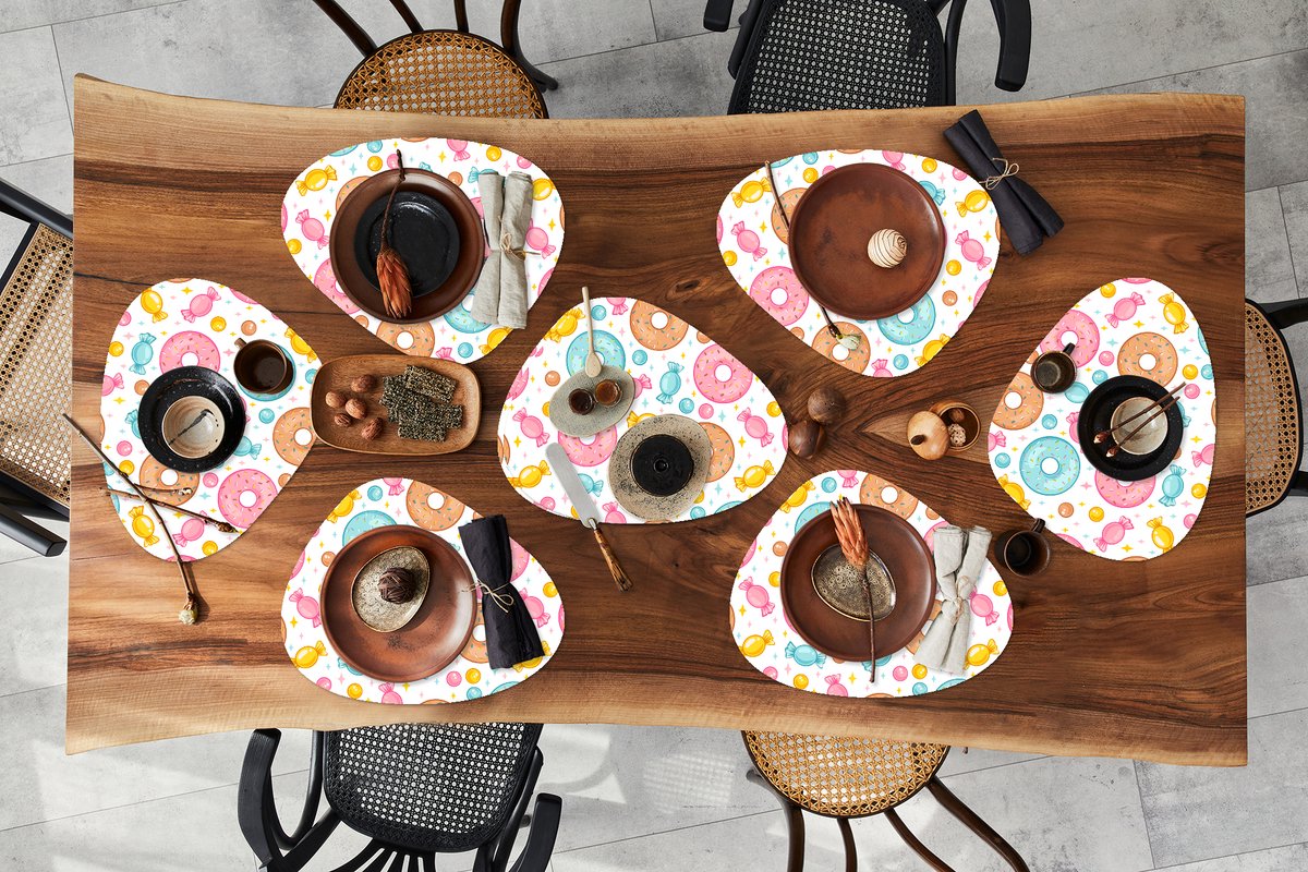Placemat organisch - Placemats organic - Onderleggers - Snoep - Donuts - Patronen - 8 stuks