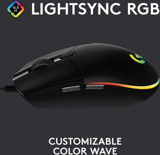 Zwarte Logitech G gamingmuis met regenboog RGB-verlichting, 'LIGHTSYNC RGB' tekst.