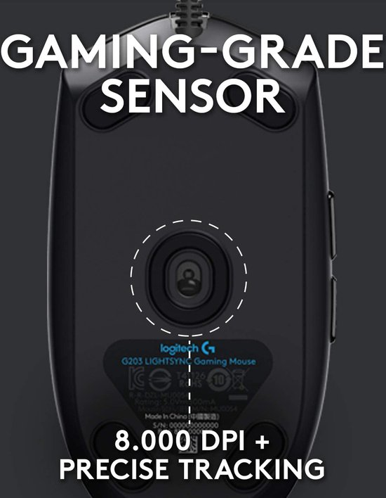 Onderkant van een zwarte Logitech G gamingmuis, 'GAMING-GRADE SENSOR' tekst, 8.000 DPI.