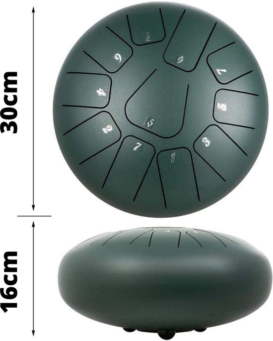 Tongue Drum Groot | 30cm | 11 tonen | Klankschaal | Lotus Drum | Meditatie | Yoga | Handpan | 3.2 kg | Groen - HOLVAR