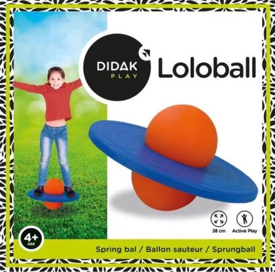 Doos: meisje op springbal, productafbeelding springbal, 4+ leeftijd, 38cm.