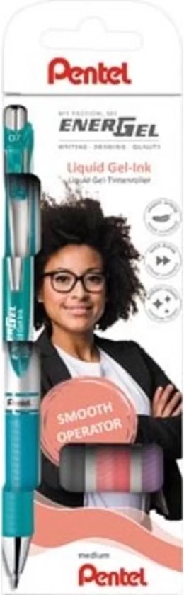 Een Pentel EnerGel pen in turkoois met een vrouw met bril.