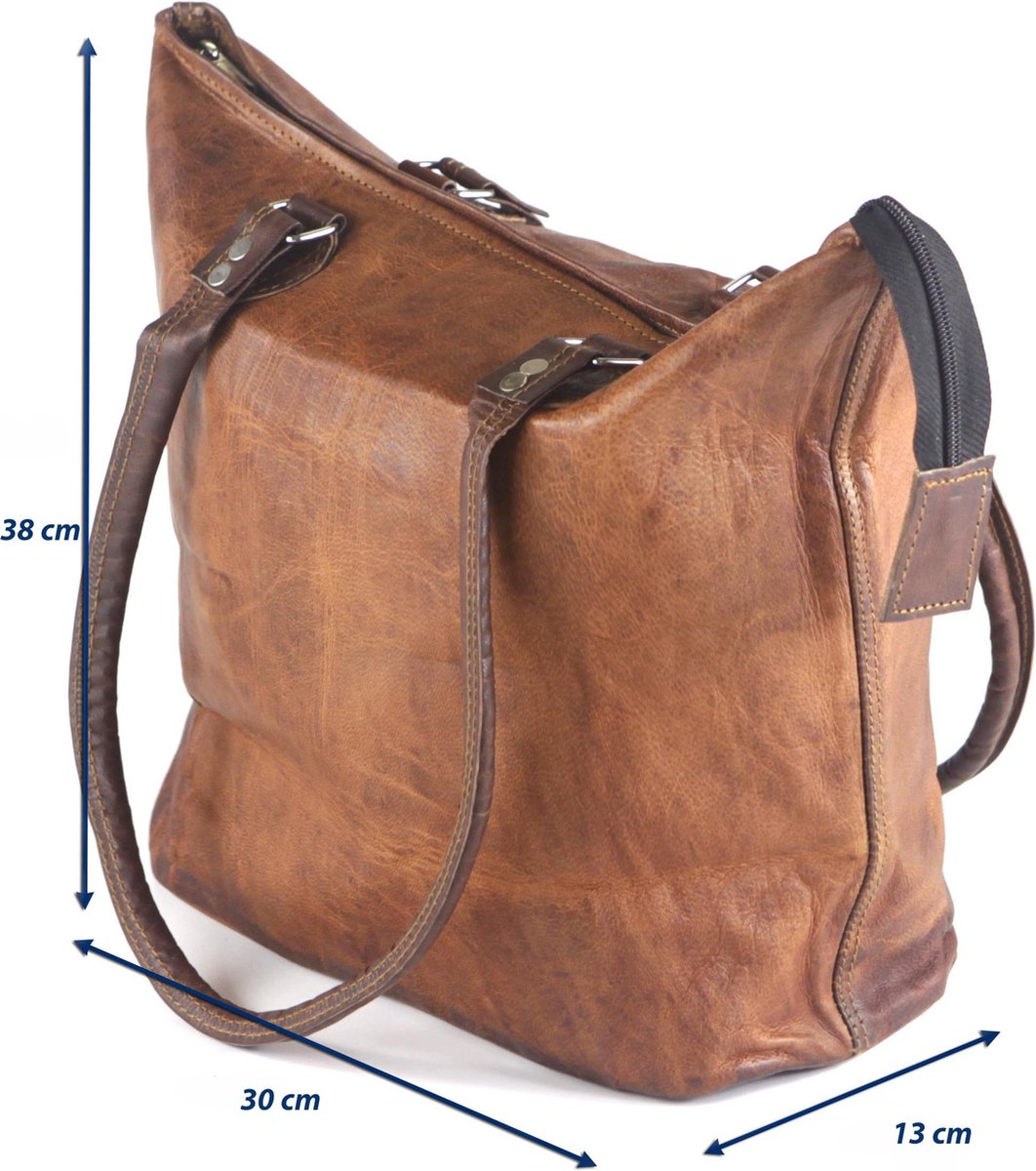 Strandtas – Shopper bag ‘’ASTURIAS’’ Bucket Bag 38 x 30 x 13 cm – Echt leer – Bruin Cognac Leder – Handgemaakt