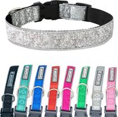 Sharon B - glitter halsband - zilver - maat XL - reflecterend - neopreen binnenvoering - hondenhalsband voor grote honden