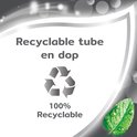 Recyclebare tube en dop met 100% recyclebaar icoon en muntblaadje.