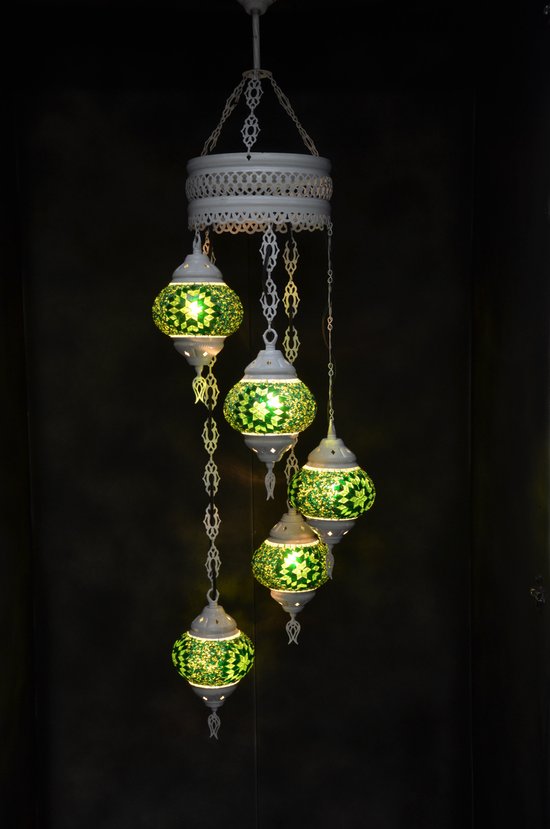 Suspension multicolore verre vert mosaïque 5 ampoules turc oriental crème lustre marocain