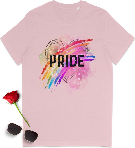 Pride t shirt - Gay pride tshirt - LGBT t-shirt - Dames tshirt met regenboog print - Heren tshirt met pride opdruk - Dames en heren T-shirt - Unisex maten: S M L XL XXL XXXL - Shirt kleuren: Wit, Roze en Sky Blue (licht blauw).
