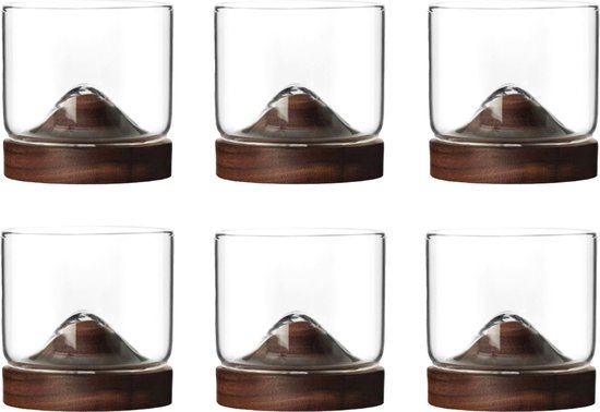 Aretica Whiskeyglas - Set van 6 - 250 ml - Inclusief onderzetter - Whiskey geschenk set - Glazen - Whiskeyglazen - Bruin - Glas - Hout - 7,3 x 7,3 x 7 cm