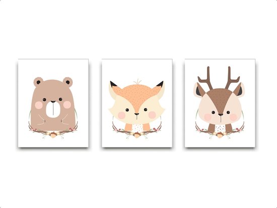 Schilderij  Set 3 Lieve vos beer hert – Bos dieren / Bos / 30x21cm