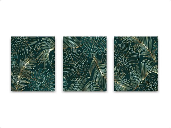 Schilderij  Set 3 gouden botanische palmboom bladeren / Planten / Bladeren / 30x21cm
