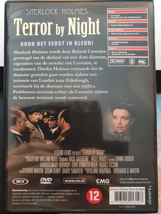 DVD hoes met Sherlock Holmes: Terror by Night. Beeld van een filmscène met spelers.