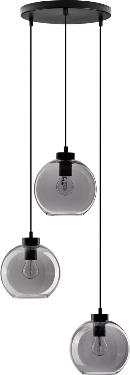 Hanglamp Nova Luce Palmer - rond 3 x E27 - zwart metaal rookglas smoke