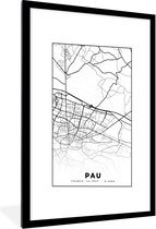 Fotolijst incl. Poster Zwart Wit- Kaart - Stadskaart - Pau - Frankrijk - Plattegrond - Zwart wit - 60x90 cm - Posterlijst