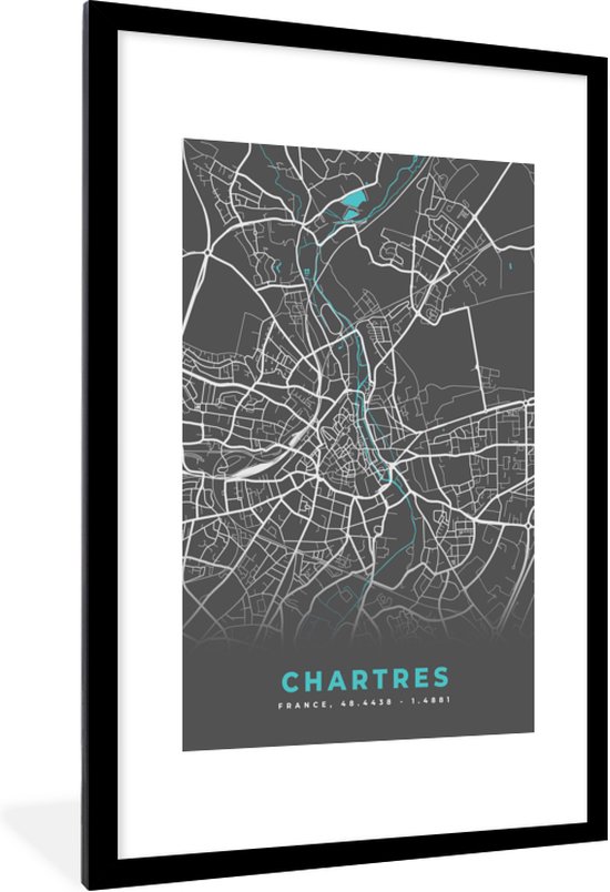 Fotolijst incl. Poster - Chartres - Plattegrond - Kaart - Stadskaart - Frankrijk - 80x120 cm - Posterlijst