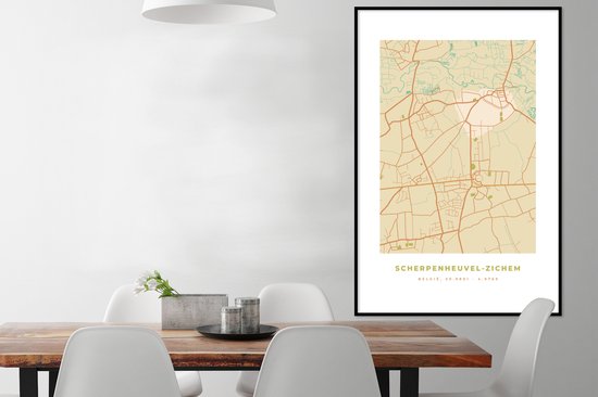 Cadre photo avec affiche - Carte - Vintage - Rétro - Scherpenheuvel-Zichem - Carte - Plan de la ville - 80x120 cm - Cadre pour affiche