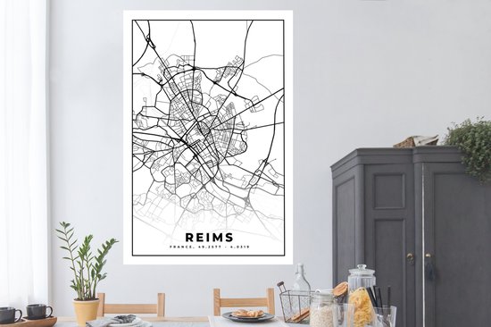 Affiche Carte - Carte - Reims - France - Plan de la ville - Zwart et blanc - 120x180 cm XXL