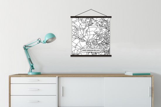 Porte-affiche avec Poster - Affiche scolaire - Plan - Carte - France - Saint-Germain-en-Laye - Plan de la ville - Zwart et blanc - 60x60 cm - Lattes noires