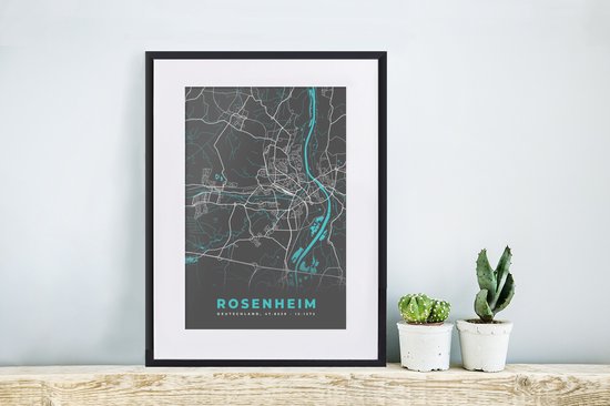 Fotolijst incl. Poster - Stadskaart – Kaart – Rosenheim – Blauw – Duitsland – Plattegrond - 30x40 cm - Posterlijst