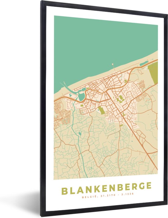 Fotolijst incl. Poster - Plattegrond - België - Kaart - Vintage - Blankenberge - Stadskaart - 20x30 cm - Posterlijst