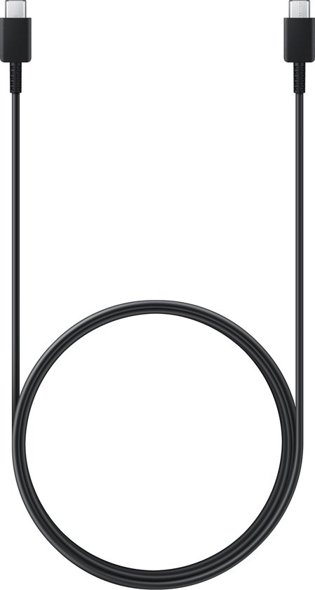 Zwarte USB-C naar USB-C oplaadkabel van 1,8 meter, in een lus gelegd.