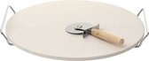 BBQ/oven pizzasteen rond keramiek 33 cm met handvaten incl. pizzasnijder - Met inklapbare RVS pizzaschep 25 cm - Pizza stone