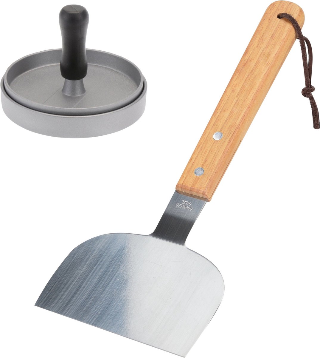 1x RVS BBQ/barbecue spatel met hamburgerperser - Vleesperser - Gehaktperser - Vlees spatel
