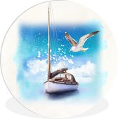 WallCircle - Wandcirkel ⌀ 90 - Boot - Vogel - Zee - Waterverf - Ronde schilderijen woonkamer - Wandbord rond - Muurdecoratie cirkel - Kamer decoratie binnen - Wanddecoratie muurcirkel - Woonaccessoires