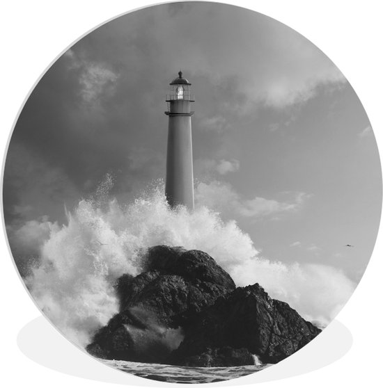 Phare avec vagues sauvages - feuille de plastique cercle mur carré noir et blanc