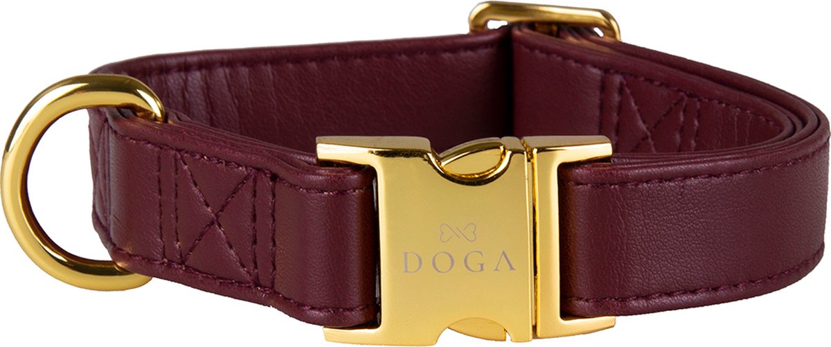 DOGA Hondenhalsband - Halsband - Bordeaux Rood - Goud - Vegan leer - maat S - bijpassende dispenser en riem mogelijk