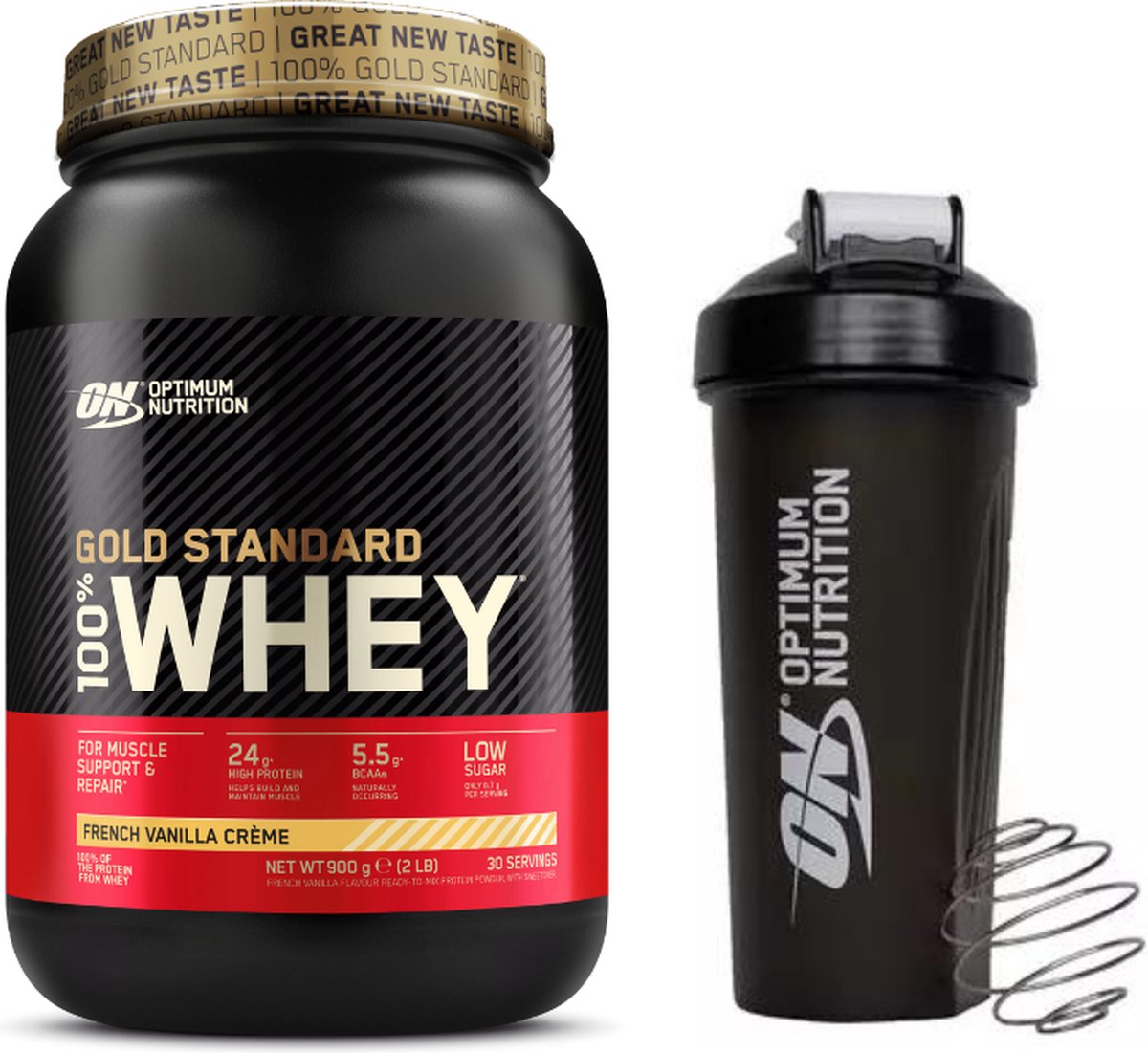 Goedkoopste Optimum Nutrition Gold Standard 100 Whey Protein Bundel - French Vanilla Proteine Poeder ON Shakebeker - 900 gram (28 servings
