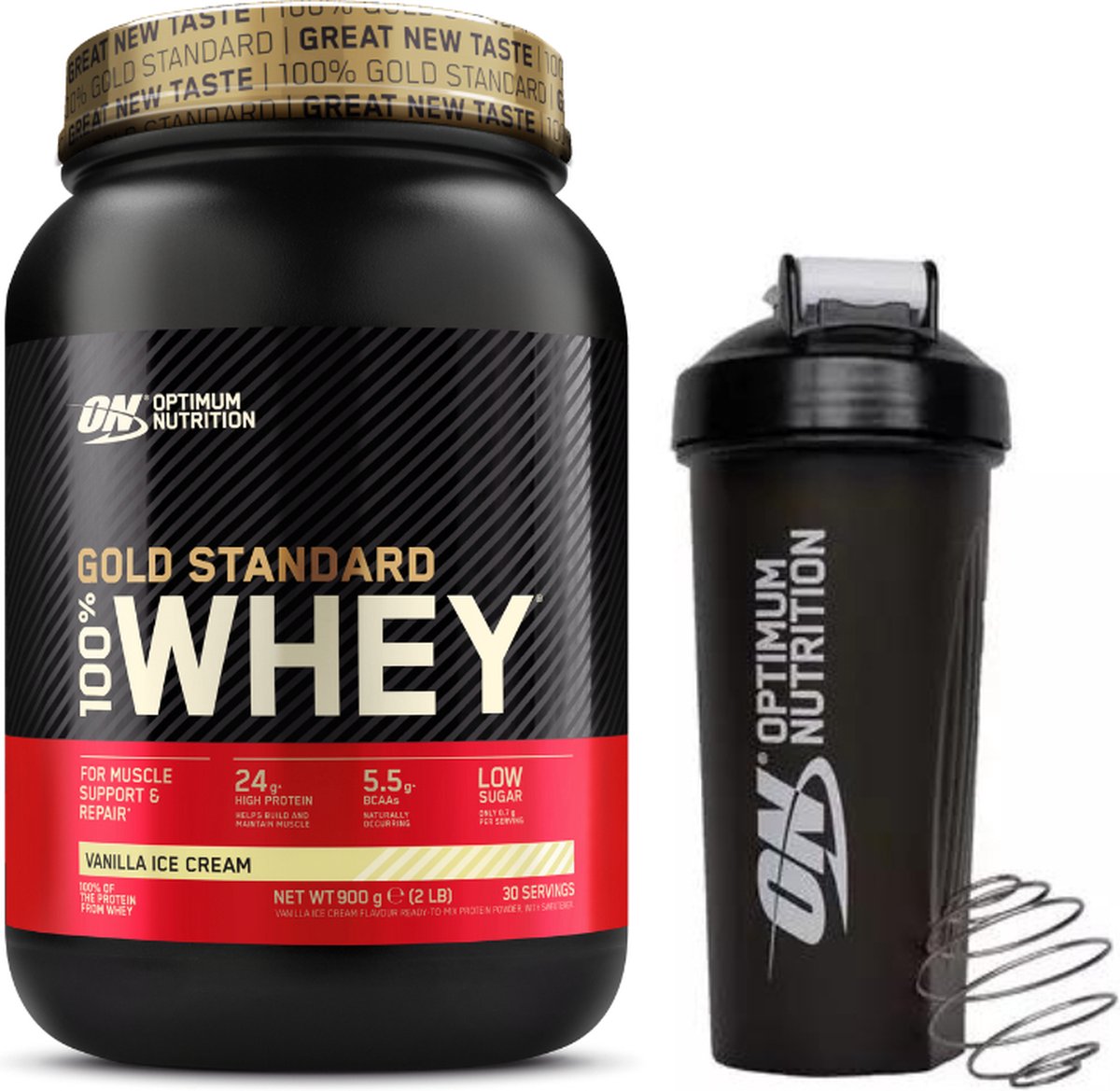 Goedkoopste Optimum Nutrition Gold Standard 100 Whey Protein Bundel - Vanilla Ice Cream Proteine Poeder ON Shakebeker - 900 gram (28 servings