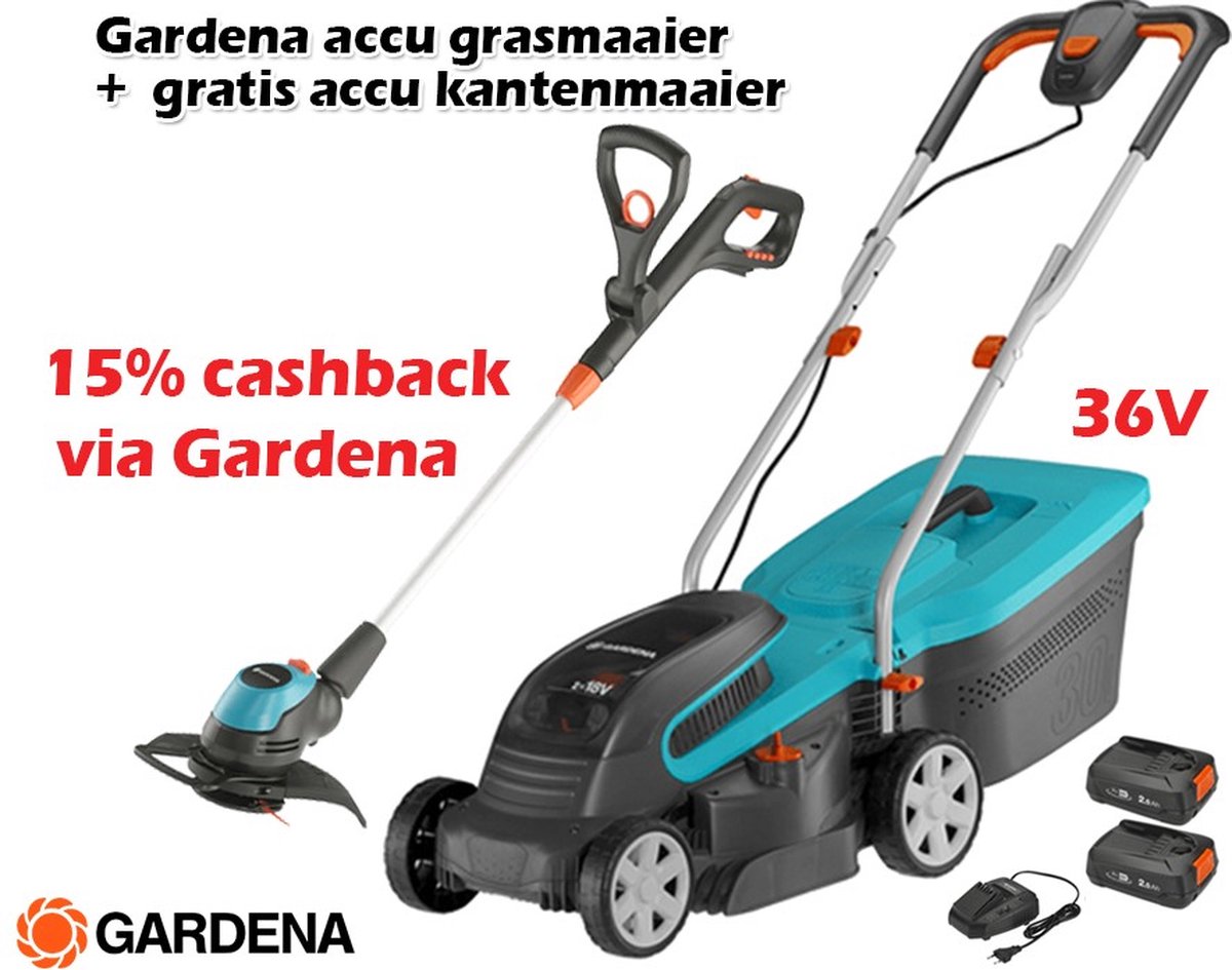 Tuinmachines Gardena Accu Maaier Powermax 32/36V P4A Set + Accu trimmer gratis