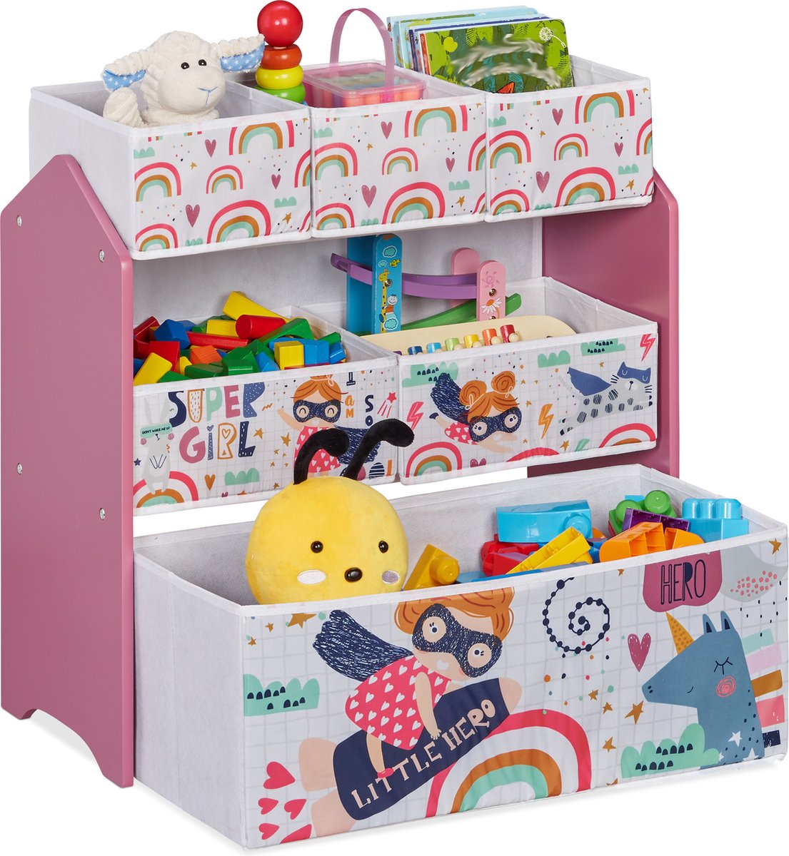 Relaxdays Toy Cabinet with 3 Baskets, for Toys, Girls, Swan, Children's Room, HBD 89 x 27.5 x30 cm, White/Red