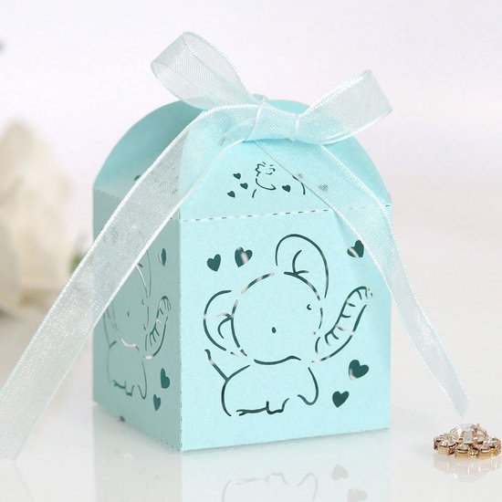 DW4Trading Geschenkdoosjes Olifant - Cadeaudoosjes met Strikje - Babyshower - 5 Stuks - 5x5x5 cm - Blauw