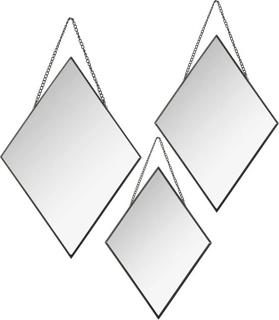 Set van 3x spiegels/wandspiegels ruit metaal met ketting - Woondecoratie/accessoires
