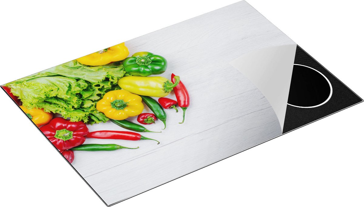 Chefcare Inductie Beschermer Groentes op Wit Hout - 75x55 cm - Afdekplaat Inductie - Kookplaat Beschermer - Inductie Mat