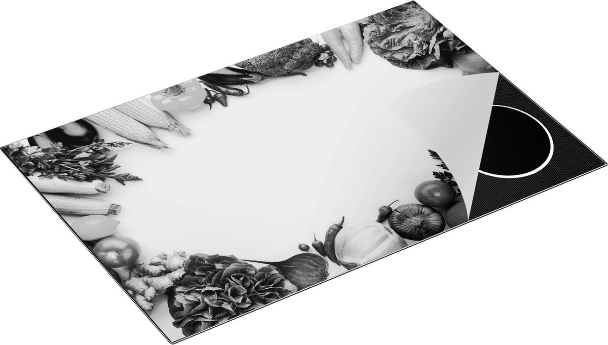 Chefcare Inductie Beschermer Groente op een Witte Achtergrond - Groentes - Zwart Wit - 81,6x52,7 cm - Afdekplaat Inductie - Kookplaat Beschermer - Inductie Mat