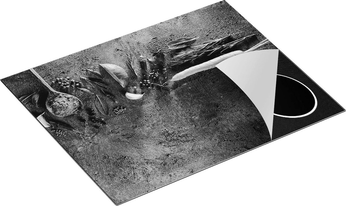 Chefcare Inductie Beschermer Kruiden met Groentes op Grijs Beton - Zwart Wit - 65x50 cm - Afdekplaat Inductie - Kookplaat Beschermer - Inductie Mat