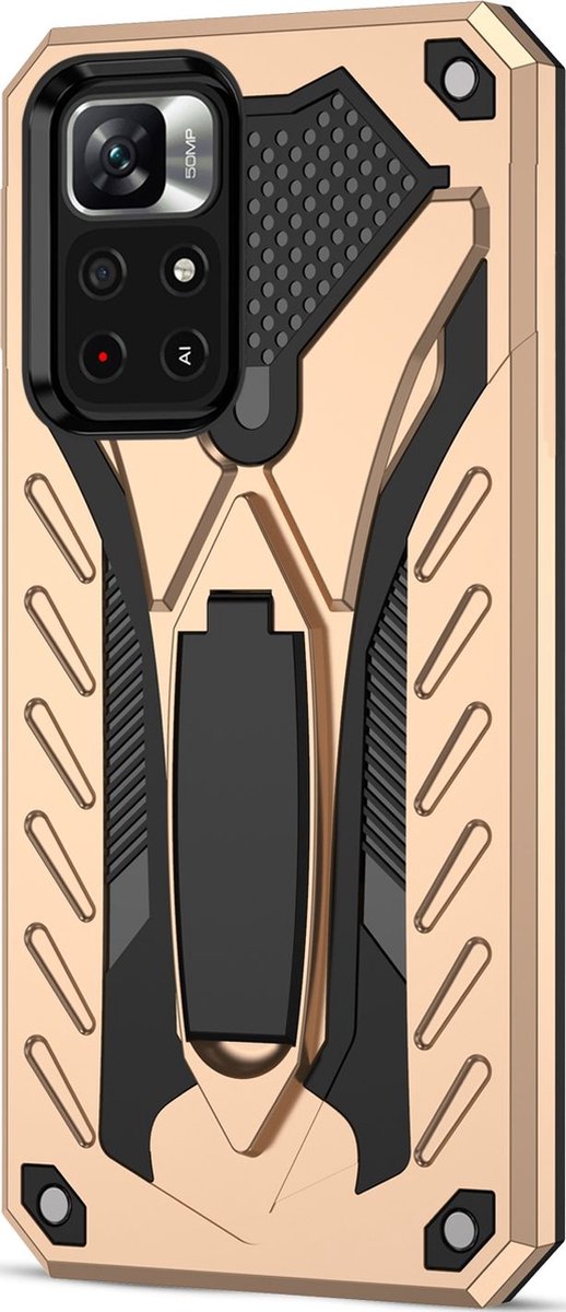 Mobigear Hoesje geschikt voor Xiaomi Redmi Note 11T Telefoonhoesje Hardcase | Mobigear Armor Stand Backcover Shockproof met Standaard | Schokbestendig Redmi Note 11T Telefoonhoesje | Anti Shock Proof - Goud