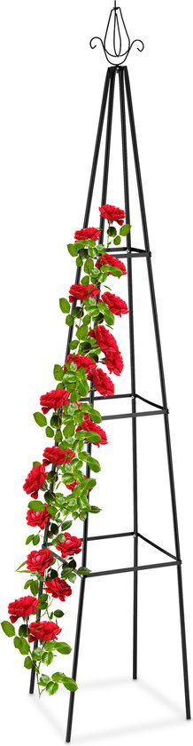 Zwarte, metalen plantensteun met rode rozen, 204 cm hoog.