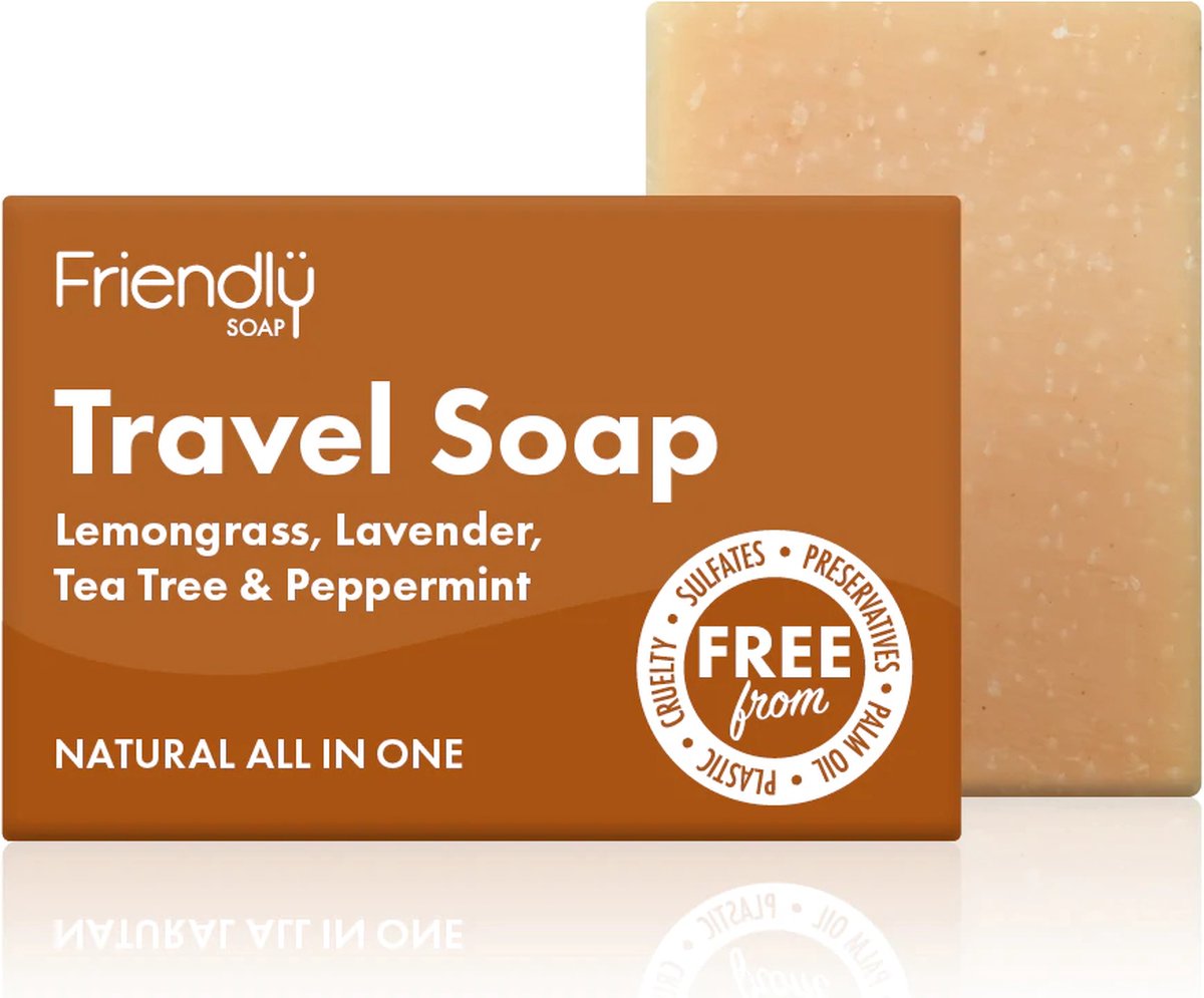 Friendly Soap | 3 x Travel Soap (Lemongrass, Lavender, Tea Tree, Peppermint á 95 gram | natuurlijke zeep | vegan | milieubewust | plasticvrij |Reiszeep | Citroengras | Lavendel | Tea Tree | Pepermunt