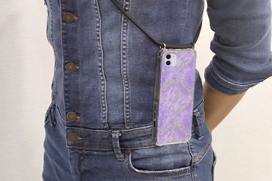 Coque avec cordon Adapté pour iPhone 12 Mini - Imprimé marbré - Violet - Luxe - Motif - Siliconen - Bandoulière - Coque arrière avec cordon - Coque téléphone avec cordon - Coque avec corde