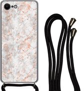 Hoesje met koord Geschikt voor iPhone 7 - Rose goud - Marmer print - Wit - Patroon - Siliconen - Crossbody - Backcover met Koord - Telefoonhoesje met koord - Hoesje met touw